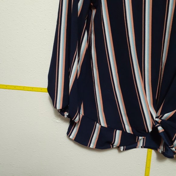 Pink Republic Ribbed Textured Tie Front Long Sleeve Top Size S Blue peach Stripe - Picture 4 of 6